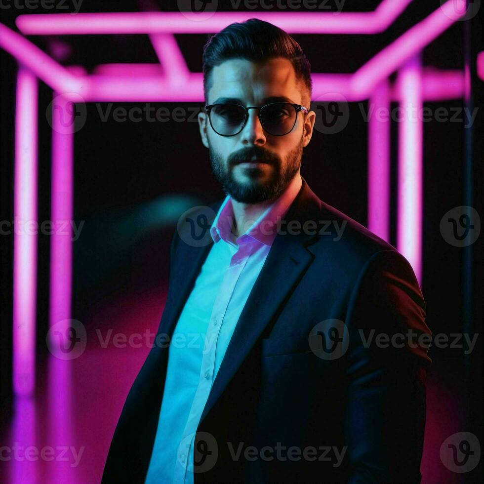photo of handsome man with with mixed pink and blue neon light, generative AI