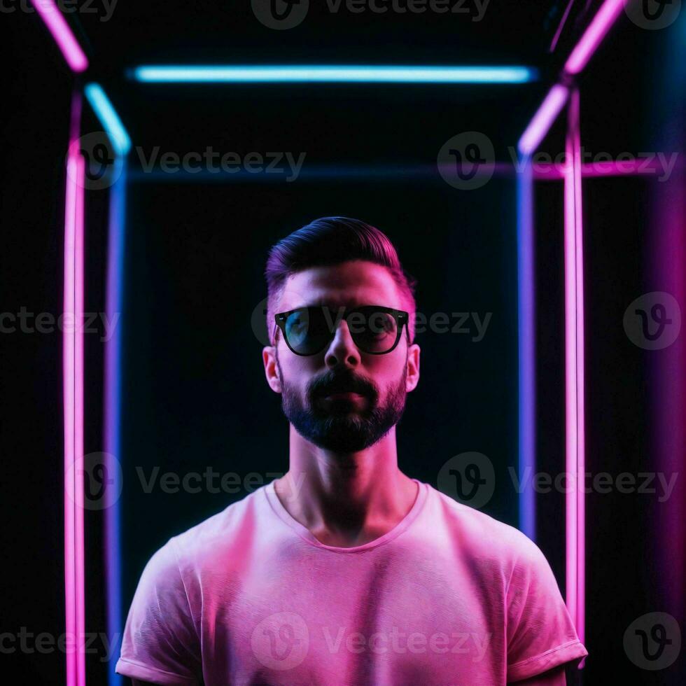 photo of handsome man with with mixed pink and blue neon light, generative AI