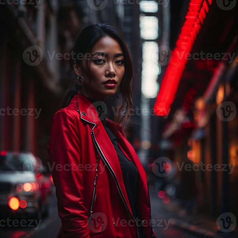 photo of woman in red cloth at street night with light,