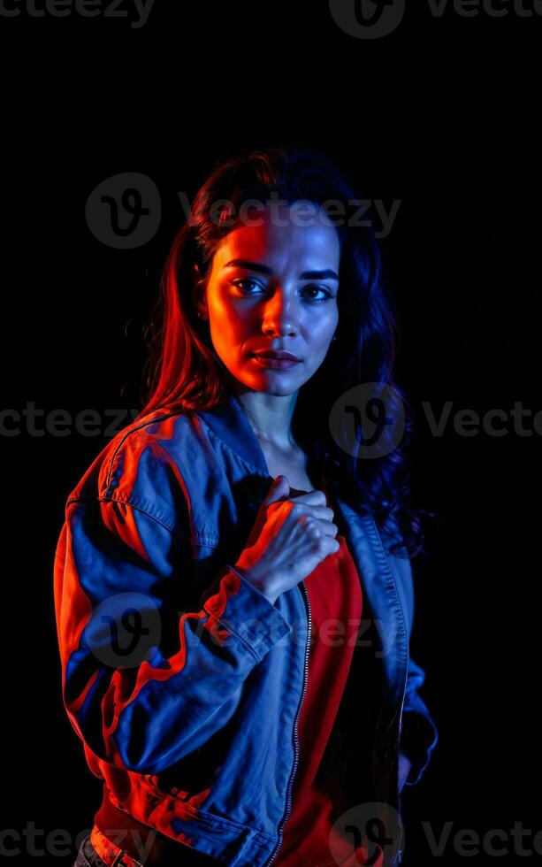 photo of beautiful woman with mixed red and blue lighting , generative AI