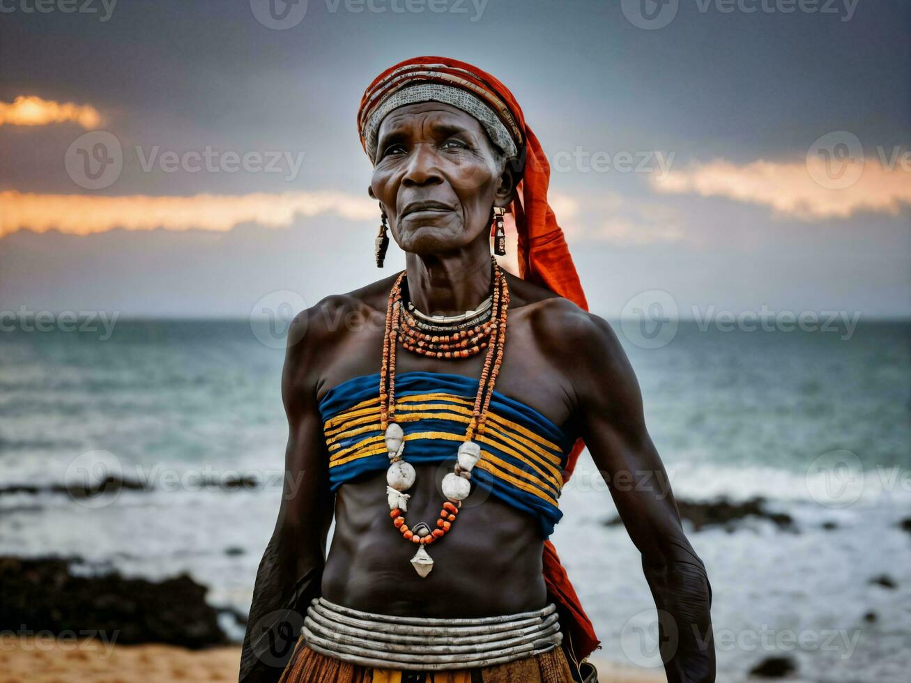 photo of african old people tribal warriors with armor, generative AI