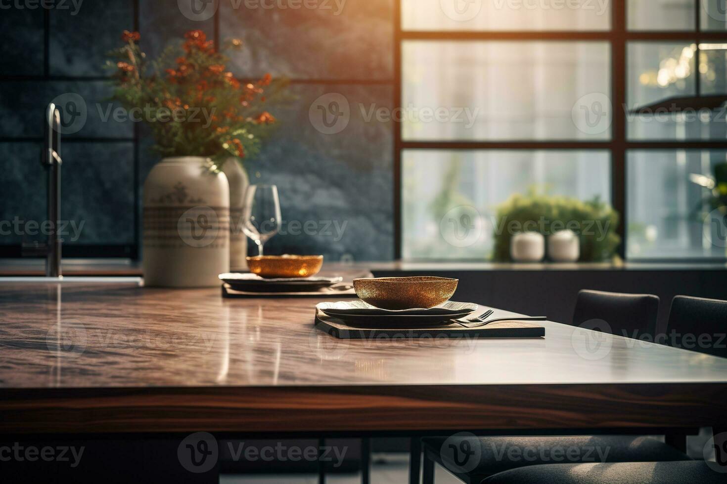 Kitchen counter top for product display with modern minimalist kitchen room interior in the background. Generative AI photo