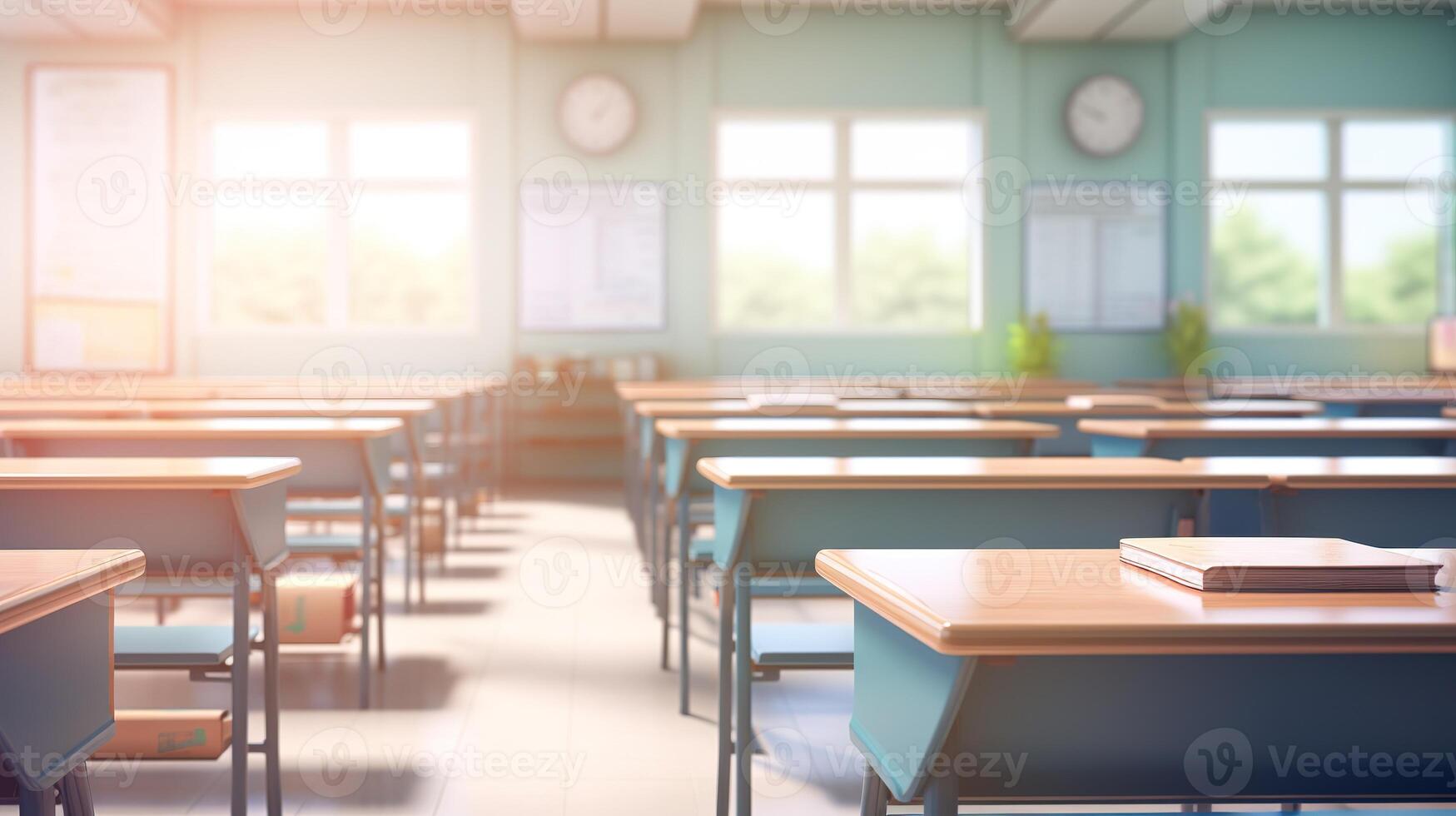 School classroom in blur background without young student. Blurry view of elementary class room no kid or teacher with chairs and tables in campus. Back to school concept. Generative AI photo