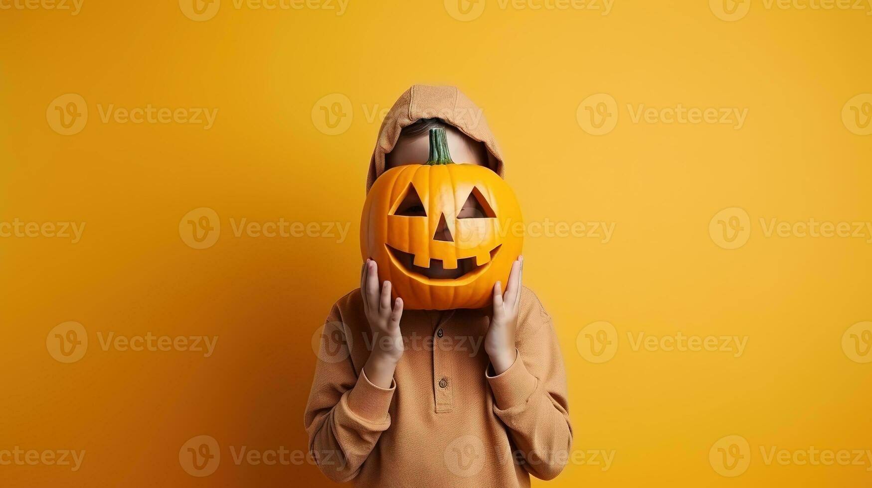 Portrait of a kid with pumpkin head. Funny kid standing isolated on a