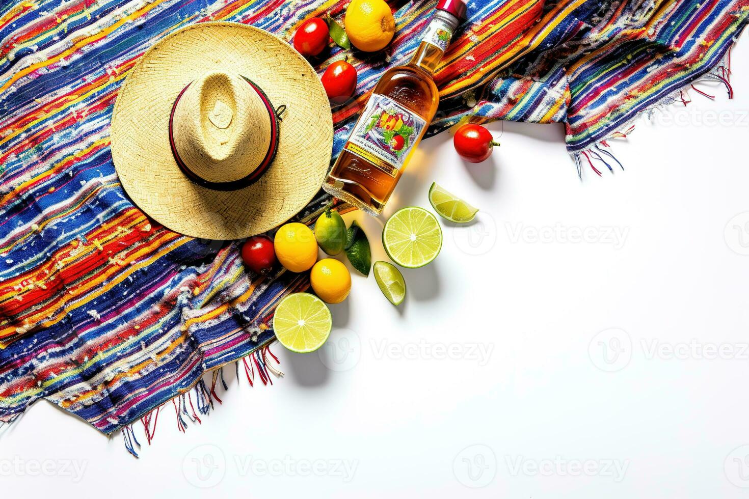 Celebrate Cinco de Mayo with this fun and festive top vertical view of a sombrero, poncho, and maracas, plus tequila shots, lime wedges, chili peppers on white background with copyspace. Generative AI photo