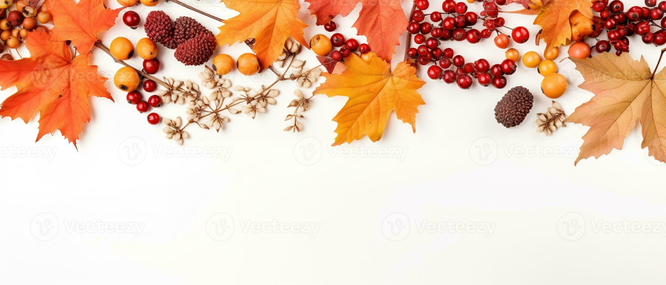 Autumn composition. Rowan berries, dried leaves, pumpkins, and flowers on white background. Autumn, fall, halloween, thanksgiving day concept. View from the top, with text space. Generative AI photo