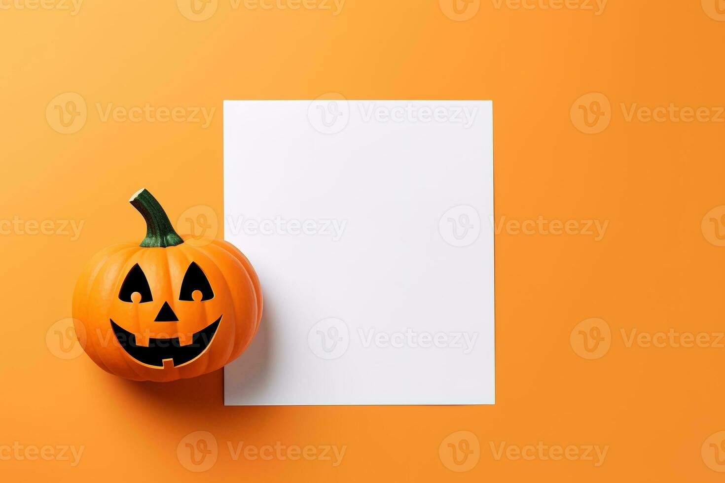 Blank paper sheet with Halloween decorations on pastel background. Greeting card, invitation mockup. Place for inscription. Pumpkin. Modern Minimal business template. top view. Generative AI photo