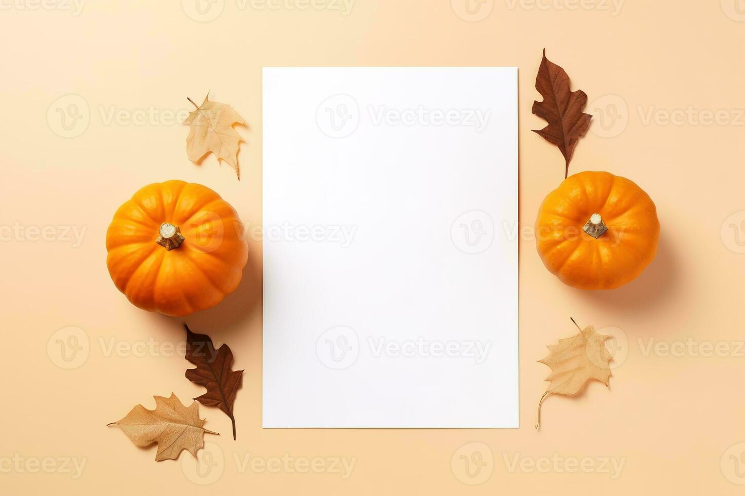 Blank paper sheet with Halloween decorations on pastel background. Greeting card, invitation mockup. Place for inscription. Pumpkin. Modern Minimal business template. top view. Generative AI photo