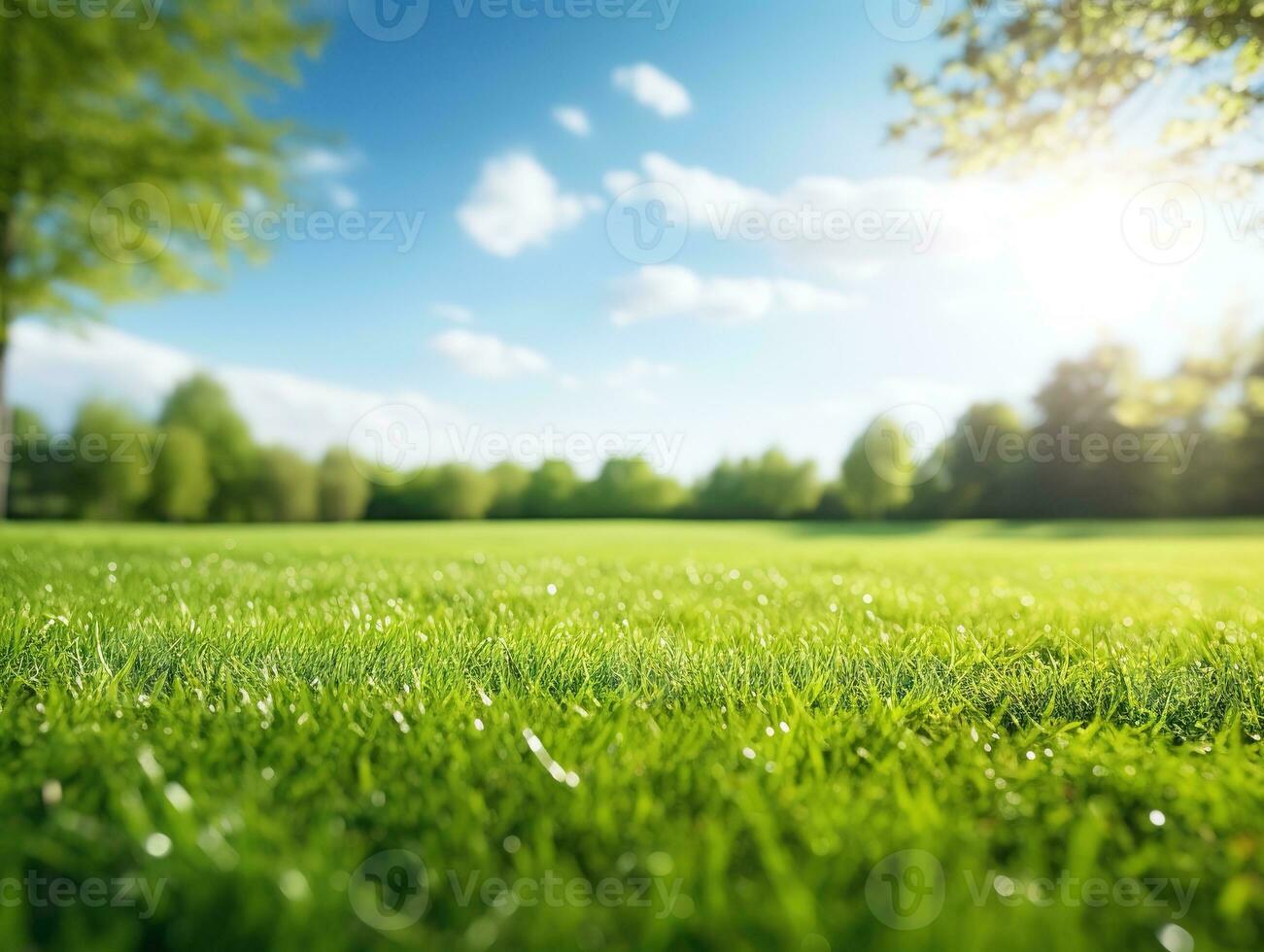 Blurred background of spring nature with a nicely trimmed lawn against a blue sky and clouds on a bright sunny day. Generative AI photo