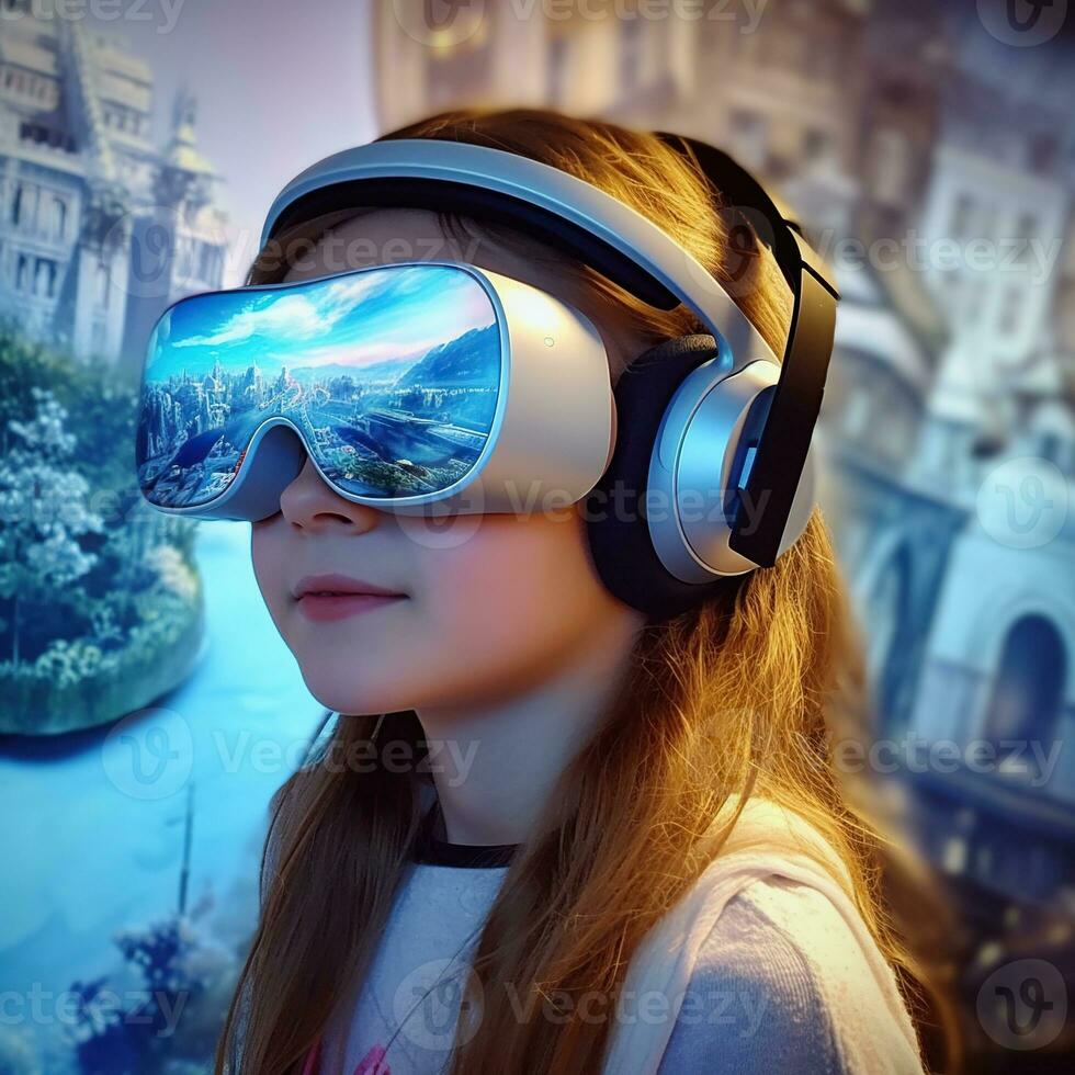 Illustration of a person wearing a virtual reality VR headset, AI Generated. photo