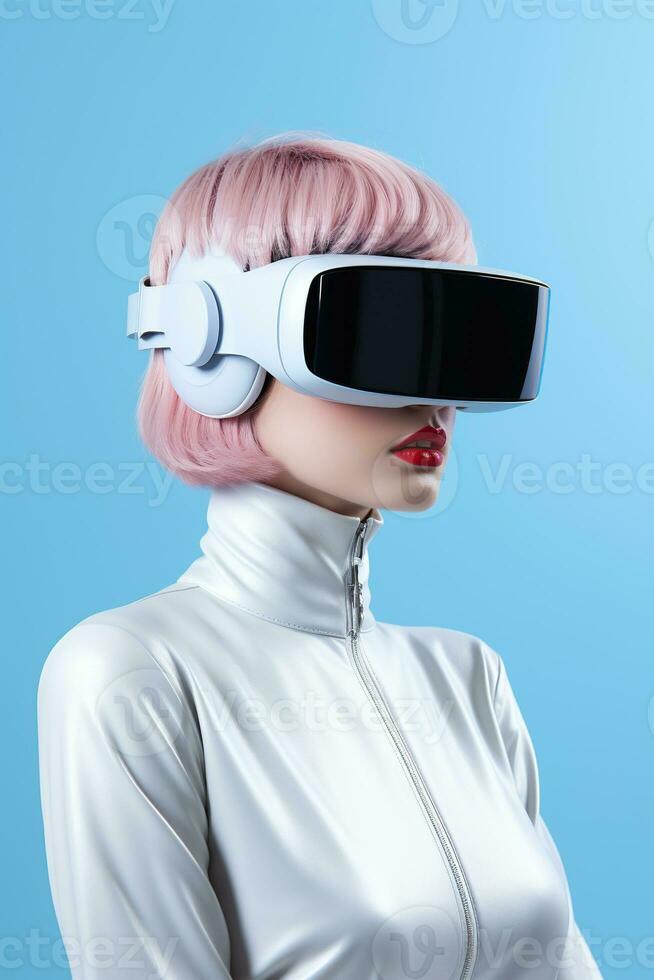 Illustration of a fashion portrait wearing a virtual reality VR headset.,, AI Generated. photo