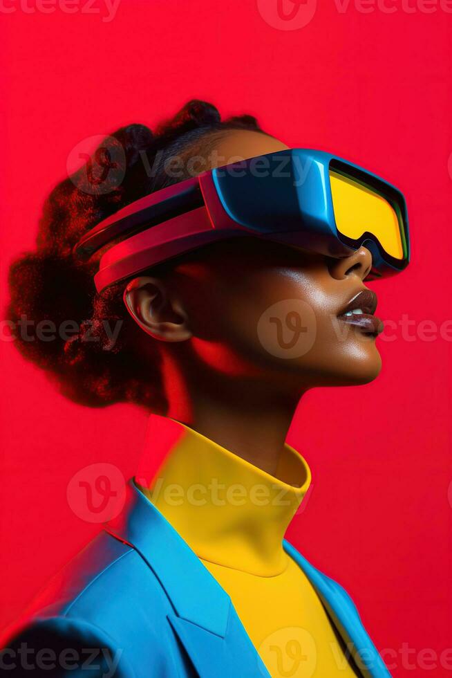 Illustration of a fashion portrait wearing a virtual reality VR headset. AI Generated. photo