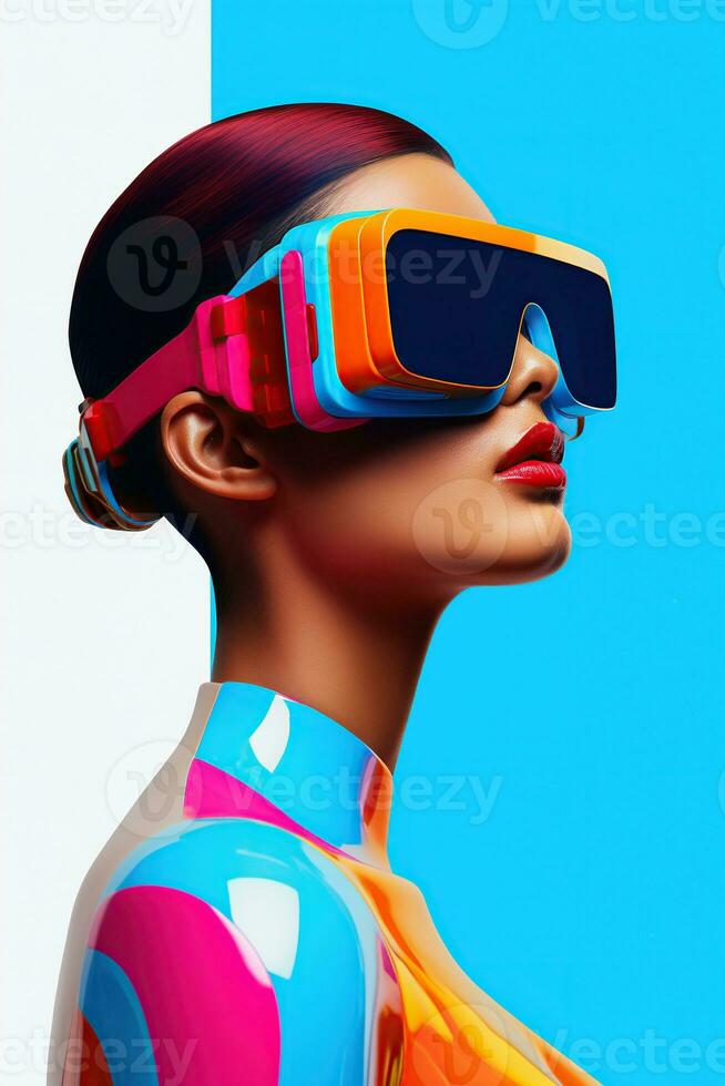 Illustration of a fashion portrait wearing a virtual reality VR headset.,, AI Generated. photo