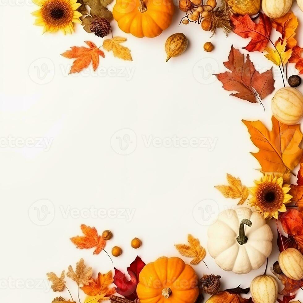 Autumn composition. Rowan berries, dried leaves, pumpkins, and flowers on white background. Autumn, fall, halloween, thanksgiving day concept. View from the top, with text space. Generative AI photo