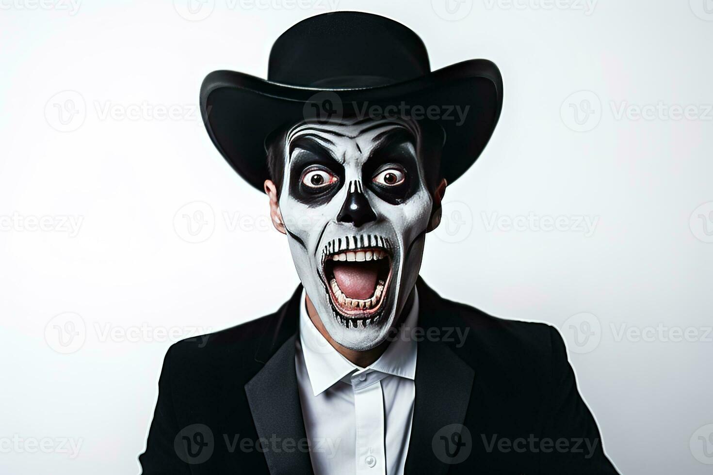 A shocked man in Halloween make-up and costume grabs his face in fright. Man in black hat, suit and skull make-up opens his eyes and mouth wide in fear on white background. Generative AI photo