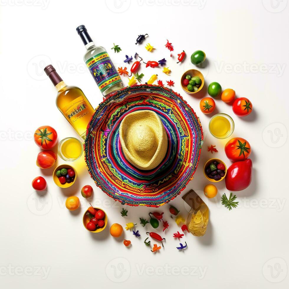 Celebrate Cinco de Mayo with this fun and festive top vertical view of a sombrero, poncho, and maracas, plus tequila shots, lime wedges, chili peppers on white background with copyspace. Generative AI photo