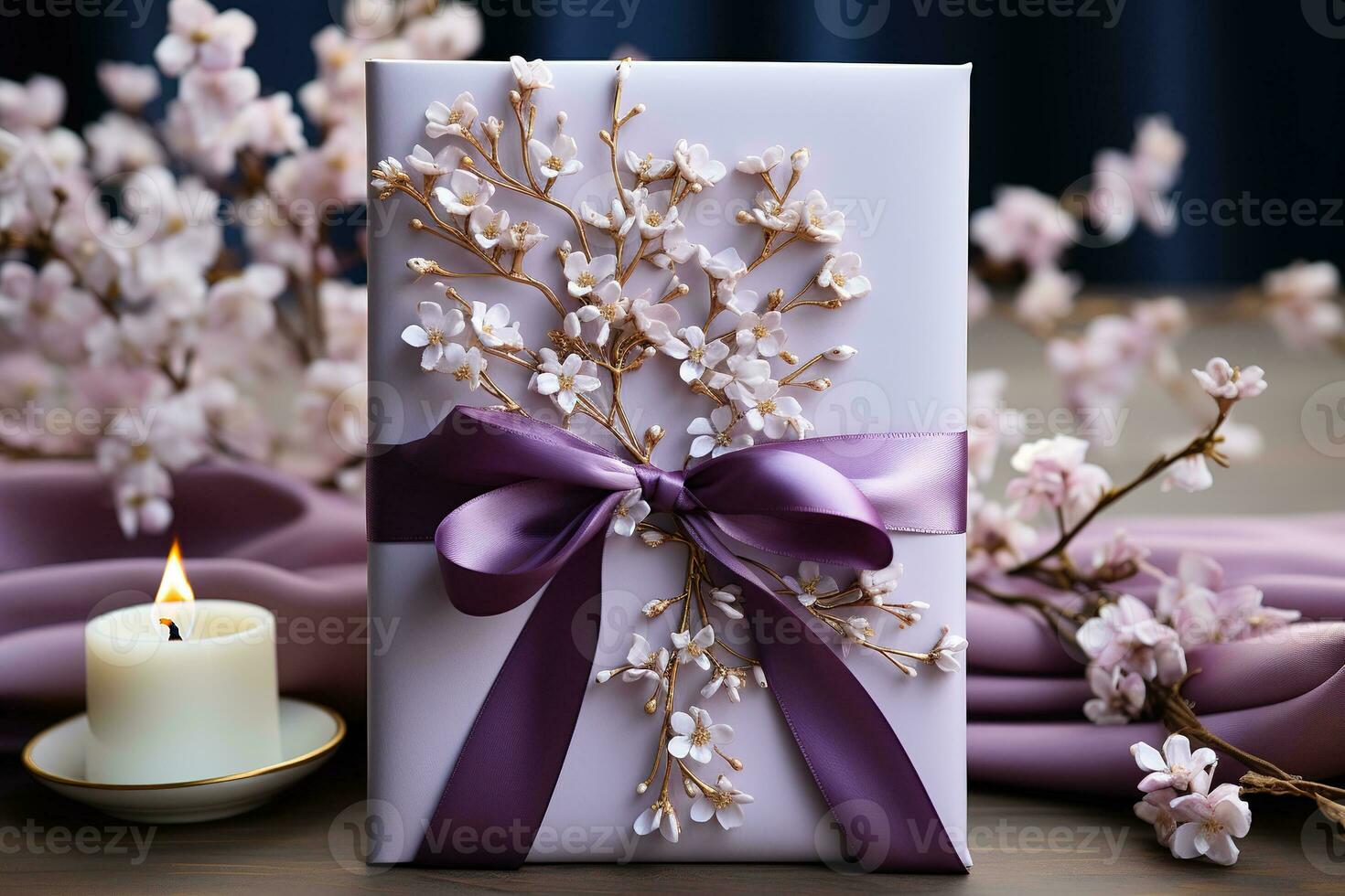 Wedding invitation card mockup with flowers. Blank card mockup on beige background. Generative AI photo