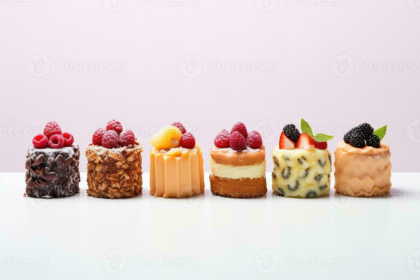 Set of delicious cakes. Small sweet cakes isolated on white background. Bakery products. Banner design. Generative AI photo