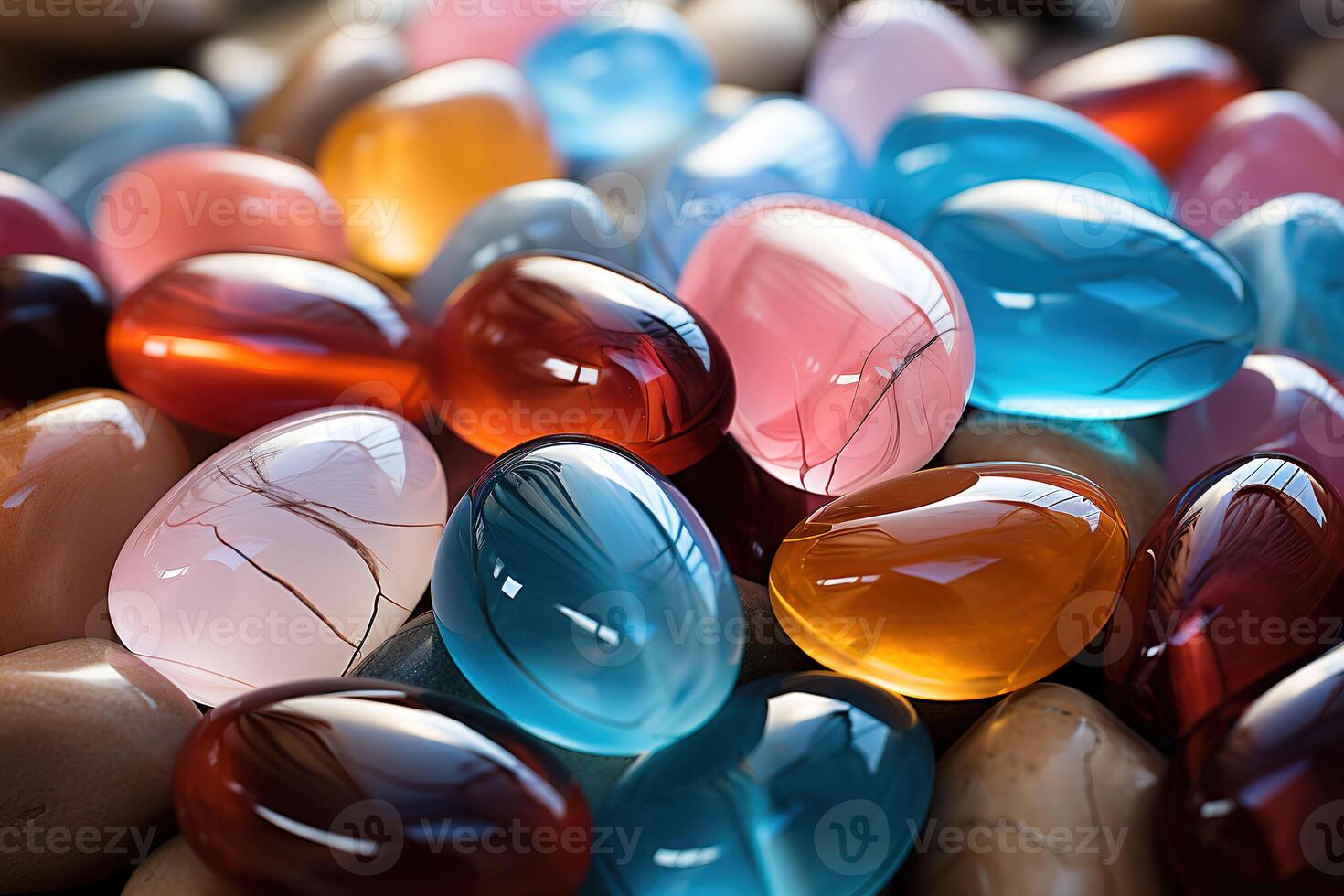 Pastel coloured translucent glass water stones overlapping. Beach summer background. photo