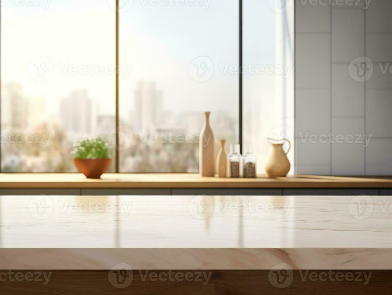 Kitchen counter top for product display with modern minimalist kitchen room interior in the background. Generative AI photo