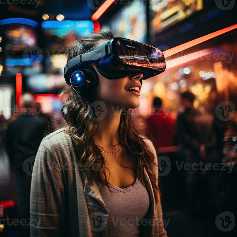 Illustration of a person wearing a virtual reality VR headset, AI Generated. photo