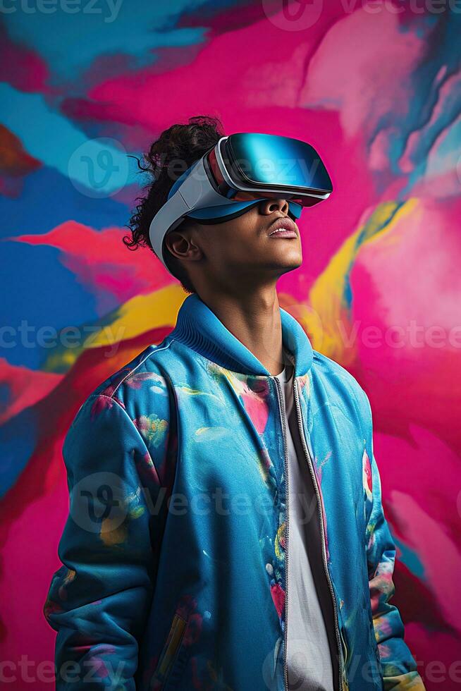 Illustration of a fashion portrait wearing a virtual reality VR headset. AI Generated. photo