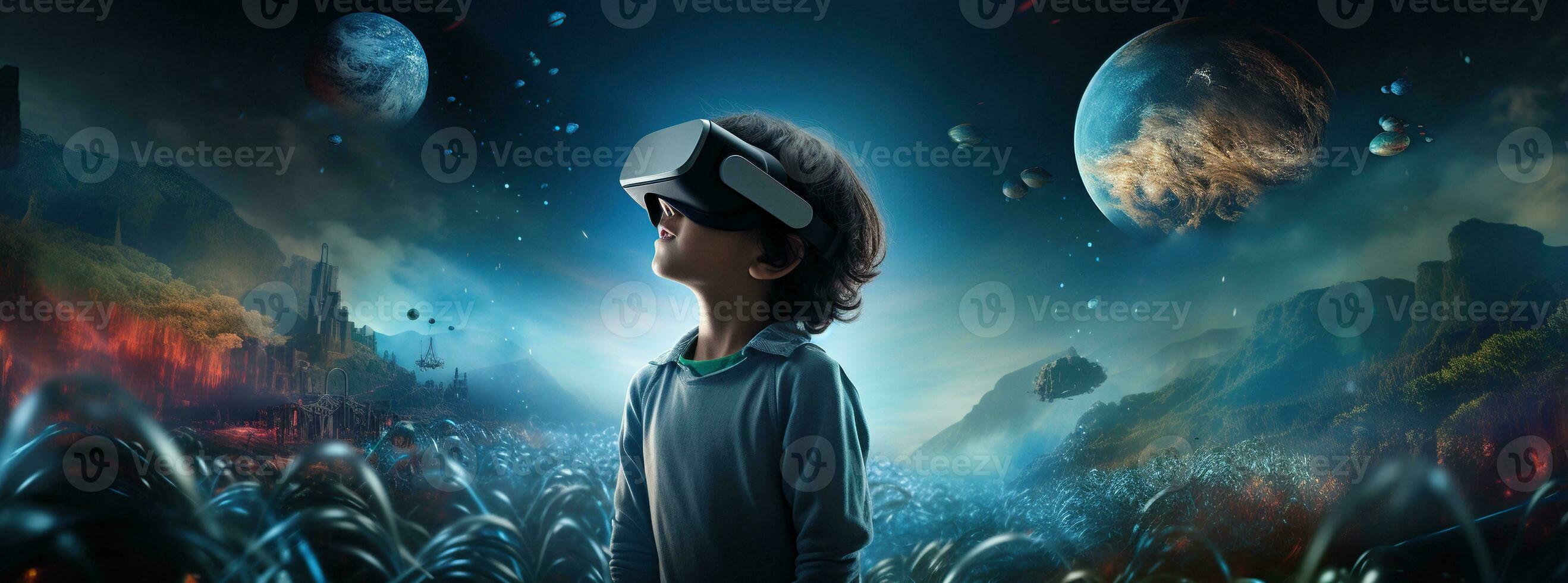 Illustration of a person wearing a virtual reality VR headset, AI Generated. photo