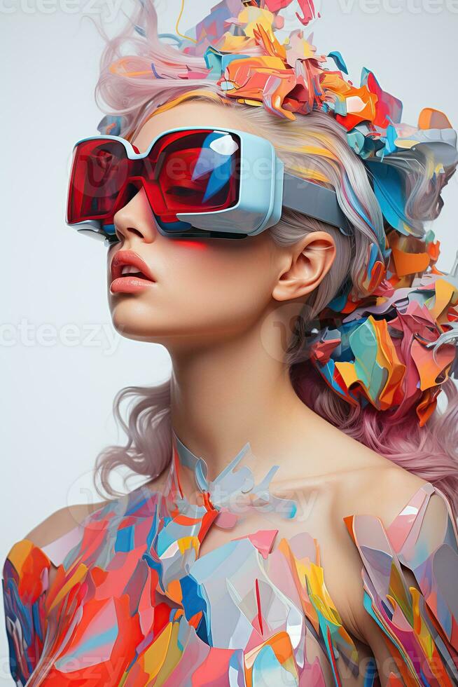 Illustration of a fashion portrait wearing a virtual reality VR headset.,, AI Generated. photo