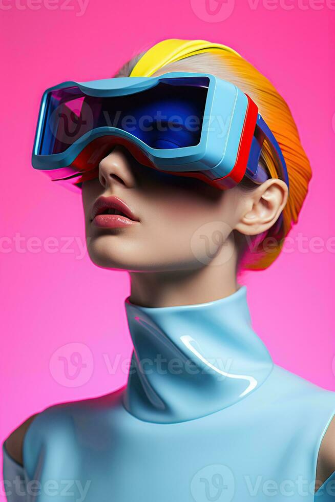 Illustration of a fashion portrait wearing a virtual reality VR headset.,, AI Generated. photo