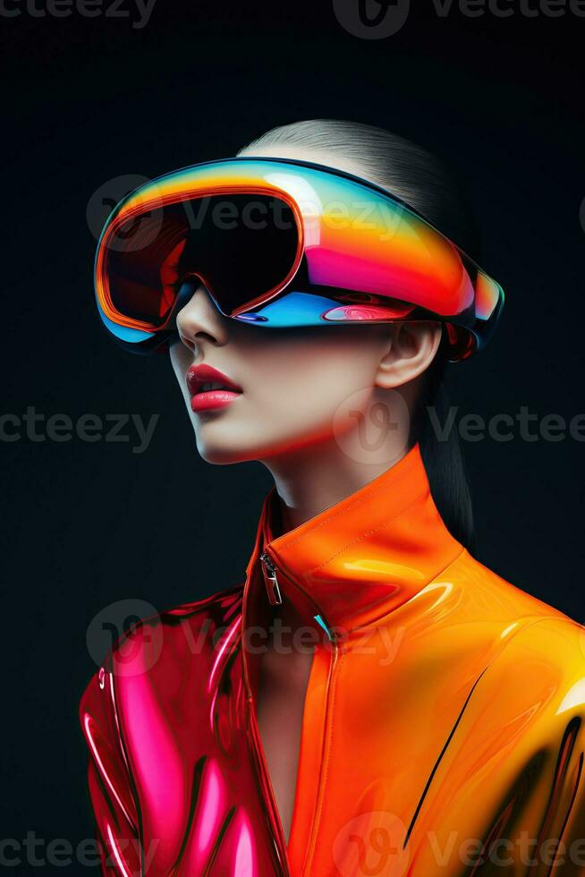 Illustration of a fashion portrait wearing a virtual reality VR headset. AI Generated. photo