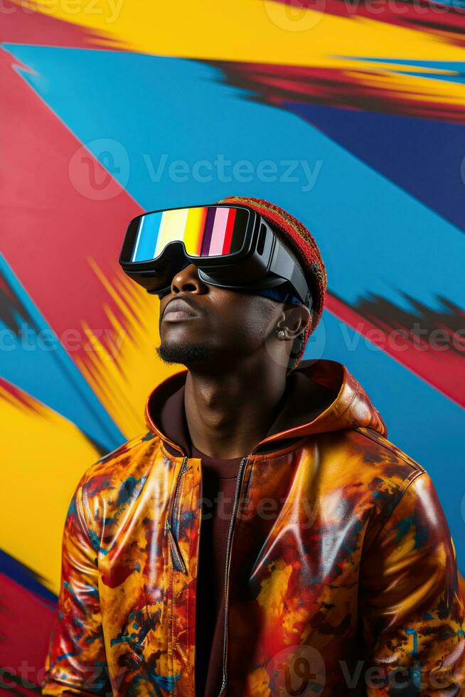 Illustration of a fashion portrait wearing a virtual reality VR headset. AI Generated. photo
