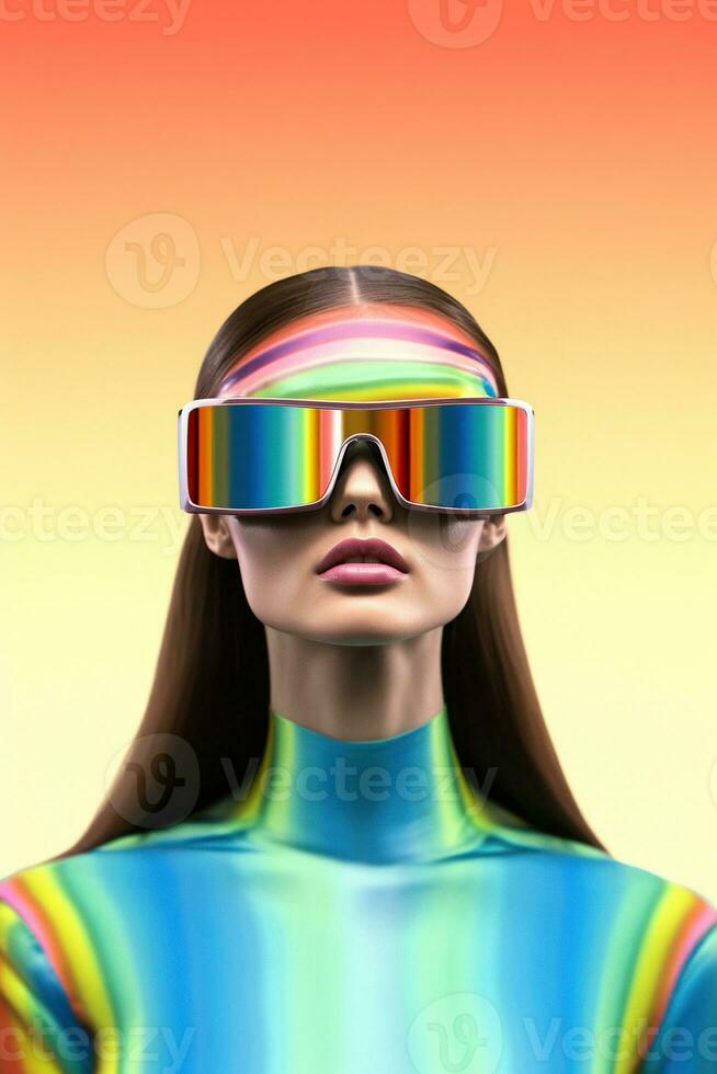 Illustration of a fashion portrait wearing a virtual reality VR headset.,, AI Generated. photo