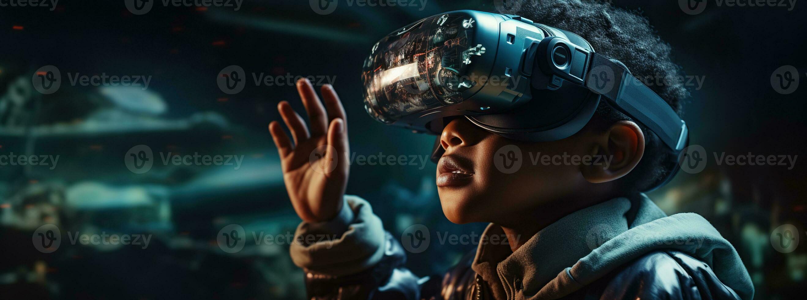 Illustration of a person wearing a virtual reality VR headset, AI Generated. photo