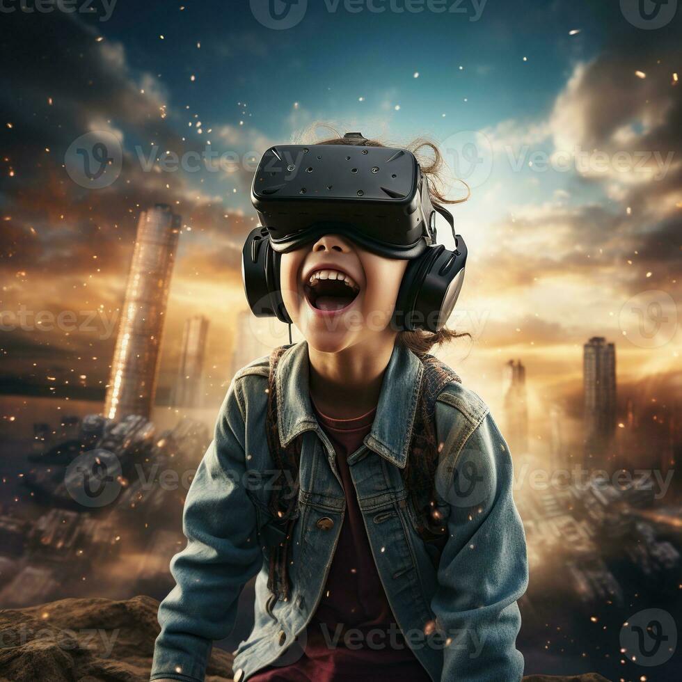 ilustración de un persona vistiendo un virtual realidad vr auriculares, ai generado. foto