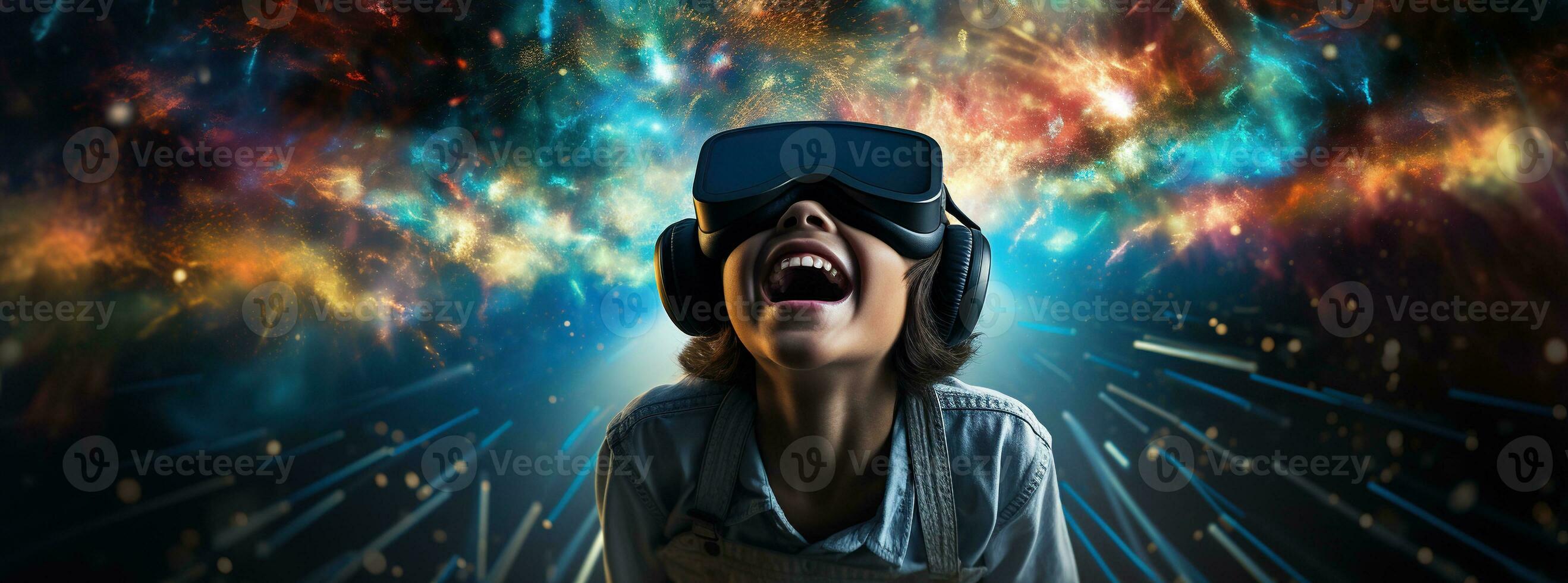 ilustración de un persona vistiendo un virtual realidad vr auriculares, ai generado. foto