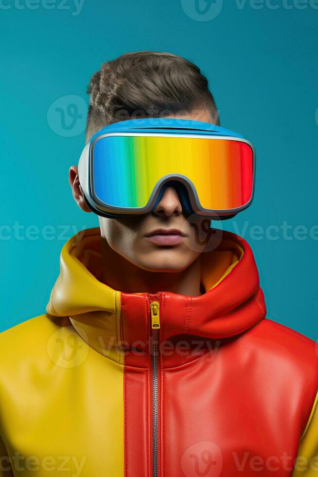 Illustration of a fashion portrait wearing a virtual reality VR headset. AI Generated. photo