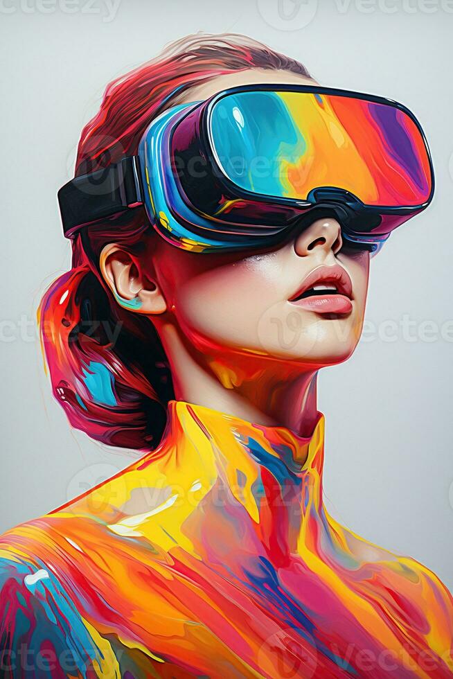ilustración de un Moda retrato vistiendo un virtual realidad vr auriculares.,, ai generado. foto