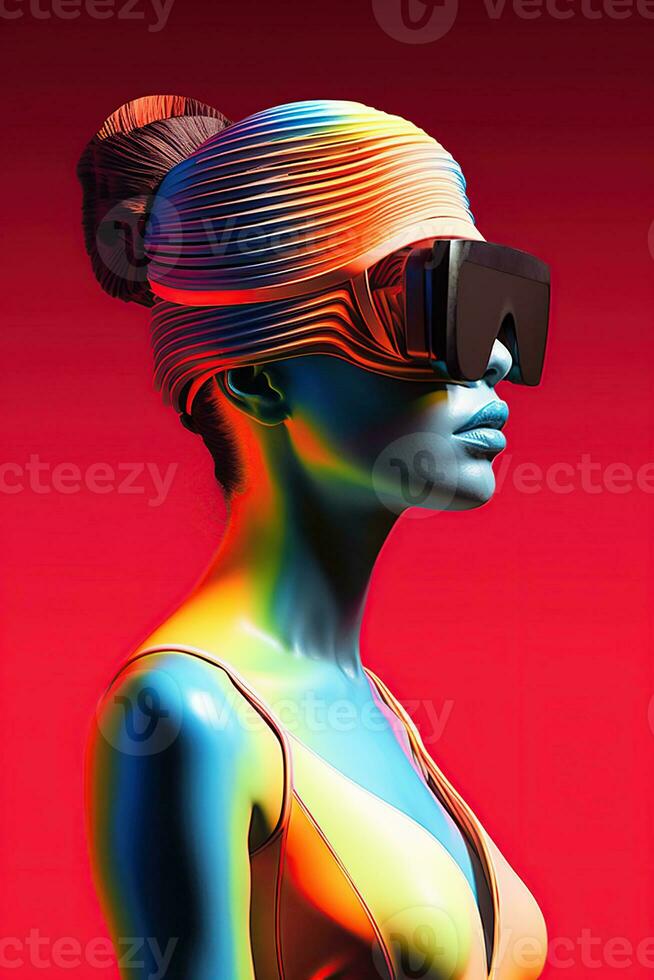 Illustration of a fashion portrait wearing a virtual reality VR headset. AI Generated. photo