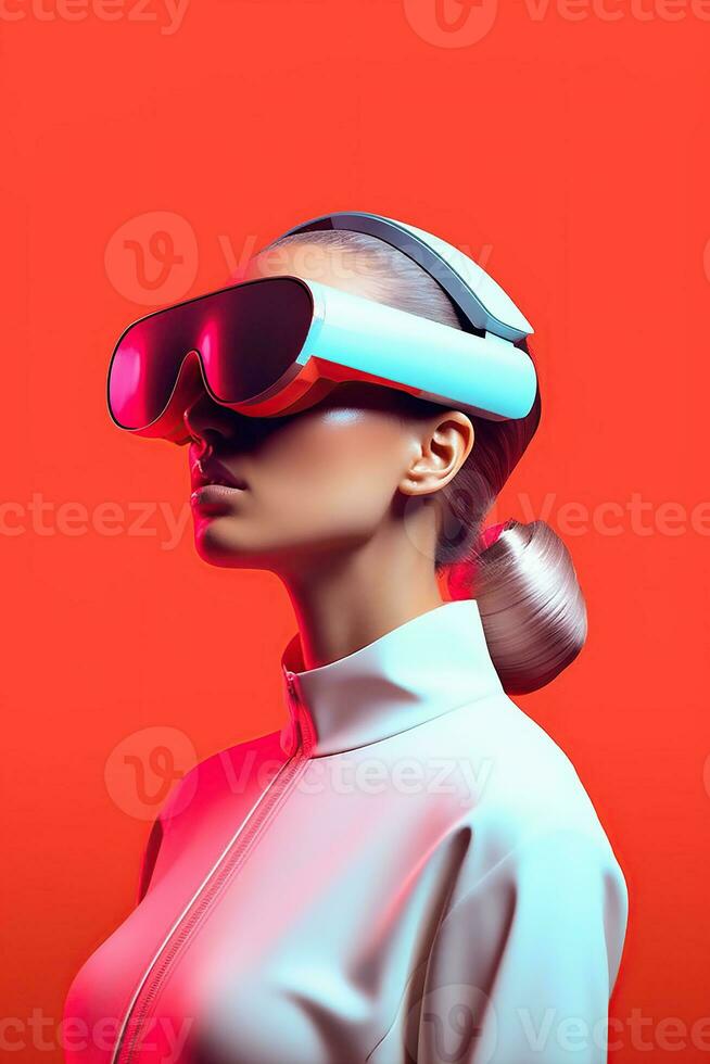 Illustration of a fashion portrait wearing a virtual reality VR headset.,, AI Generated. photo