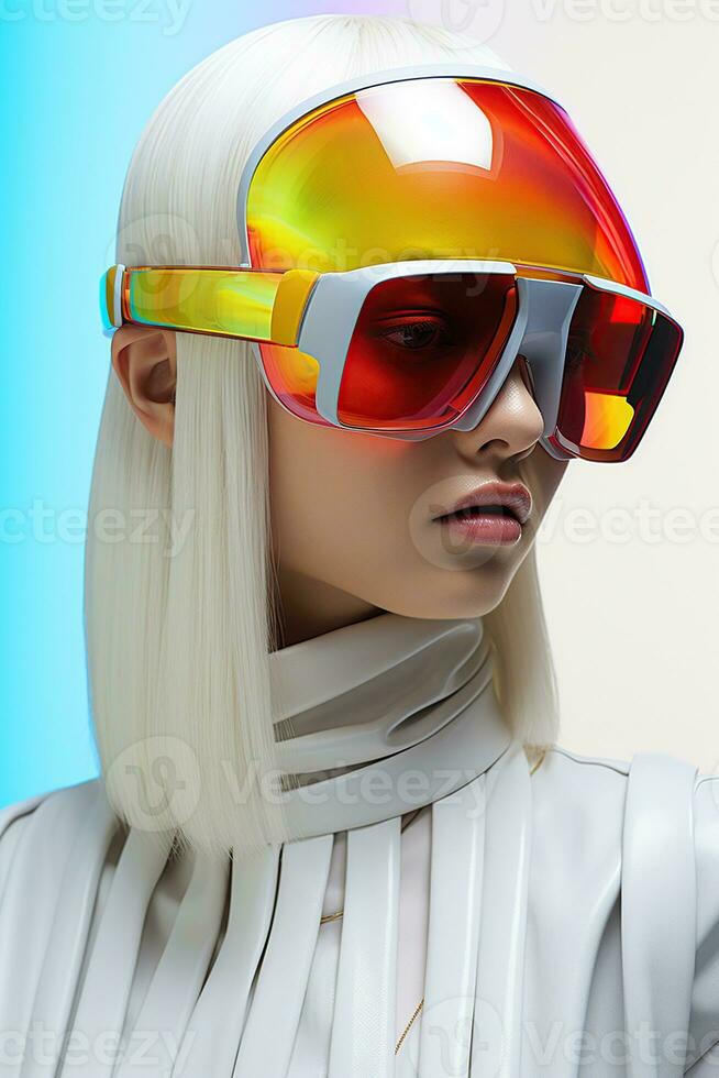 Illustration of a fashion portrait wearing a virtual reality VR headset.,, AI Generated. photo