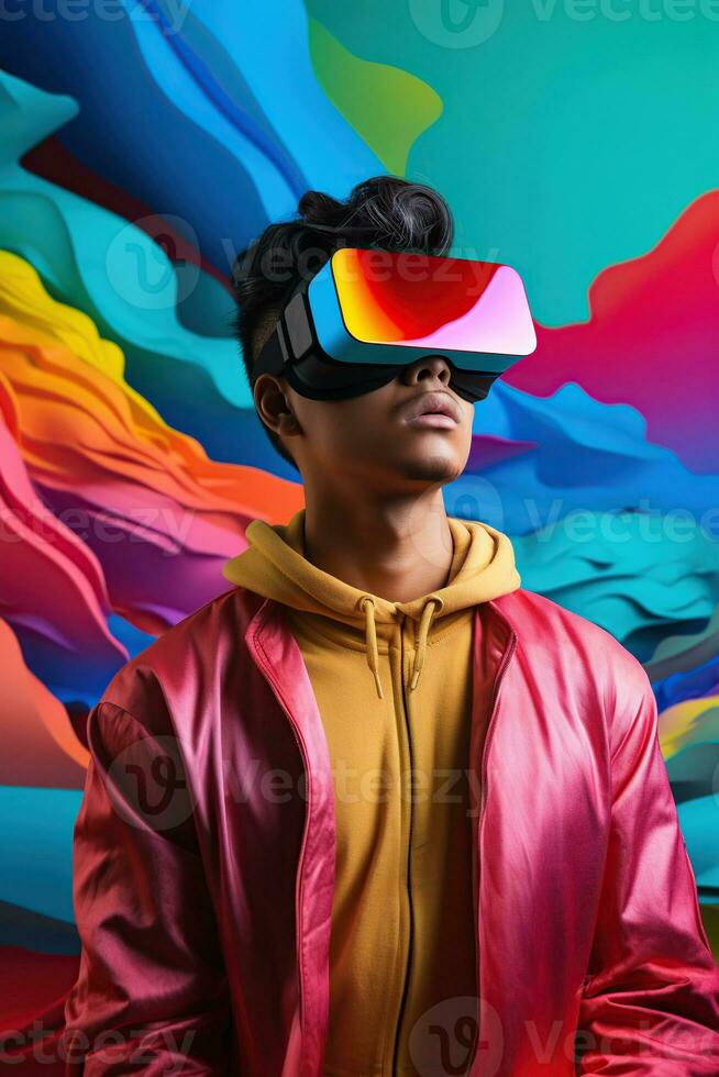Illustration of a fashion portrait wearing a virtual reality VR headset. AI Generated. photo