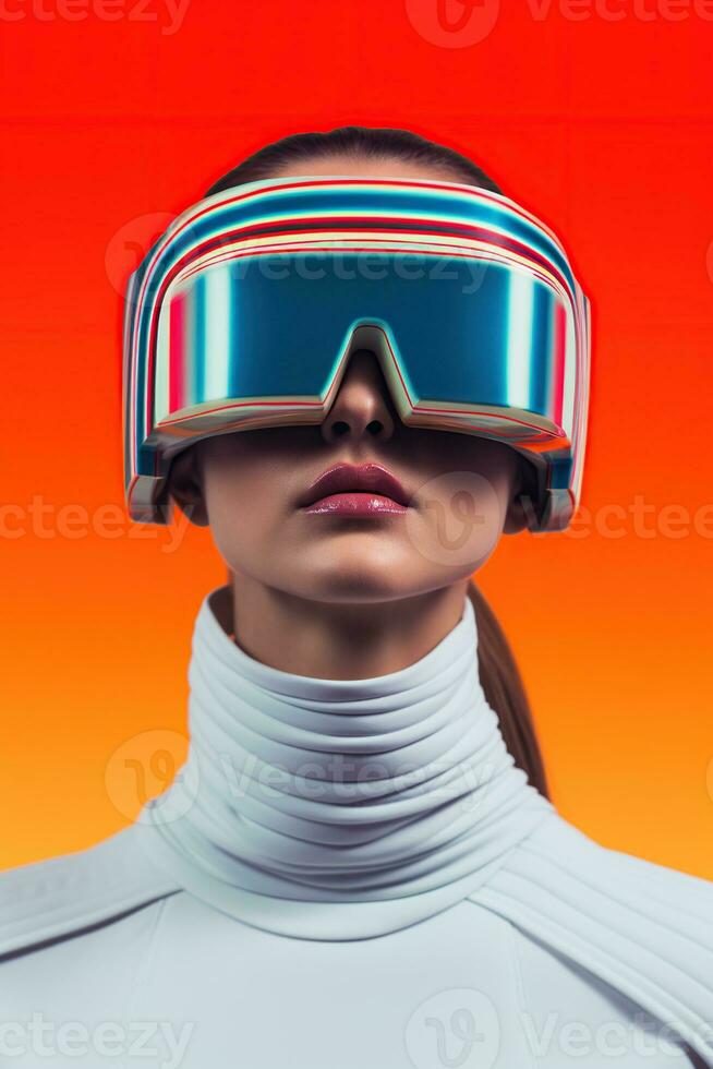 Illustration of a fashion portrait wearing a virtual reality VR headset. AI Generated. photo