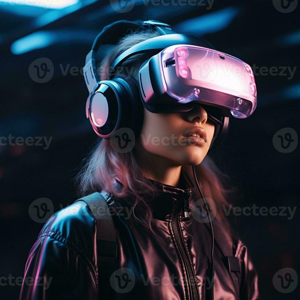 Illustration of a person wearing a virtual reality VR headset, AI Generated. photo