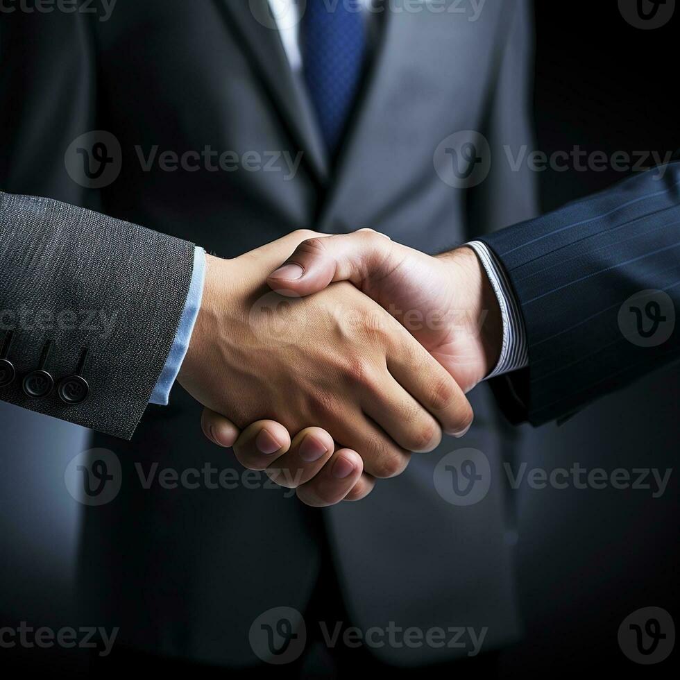 Business shaking hands, finishing up meeting. Successful businessmen handshaking after good deal. Congratulation, merger and acquisition concepts, panoramic banner. Generative AI photo