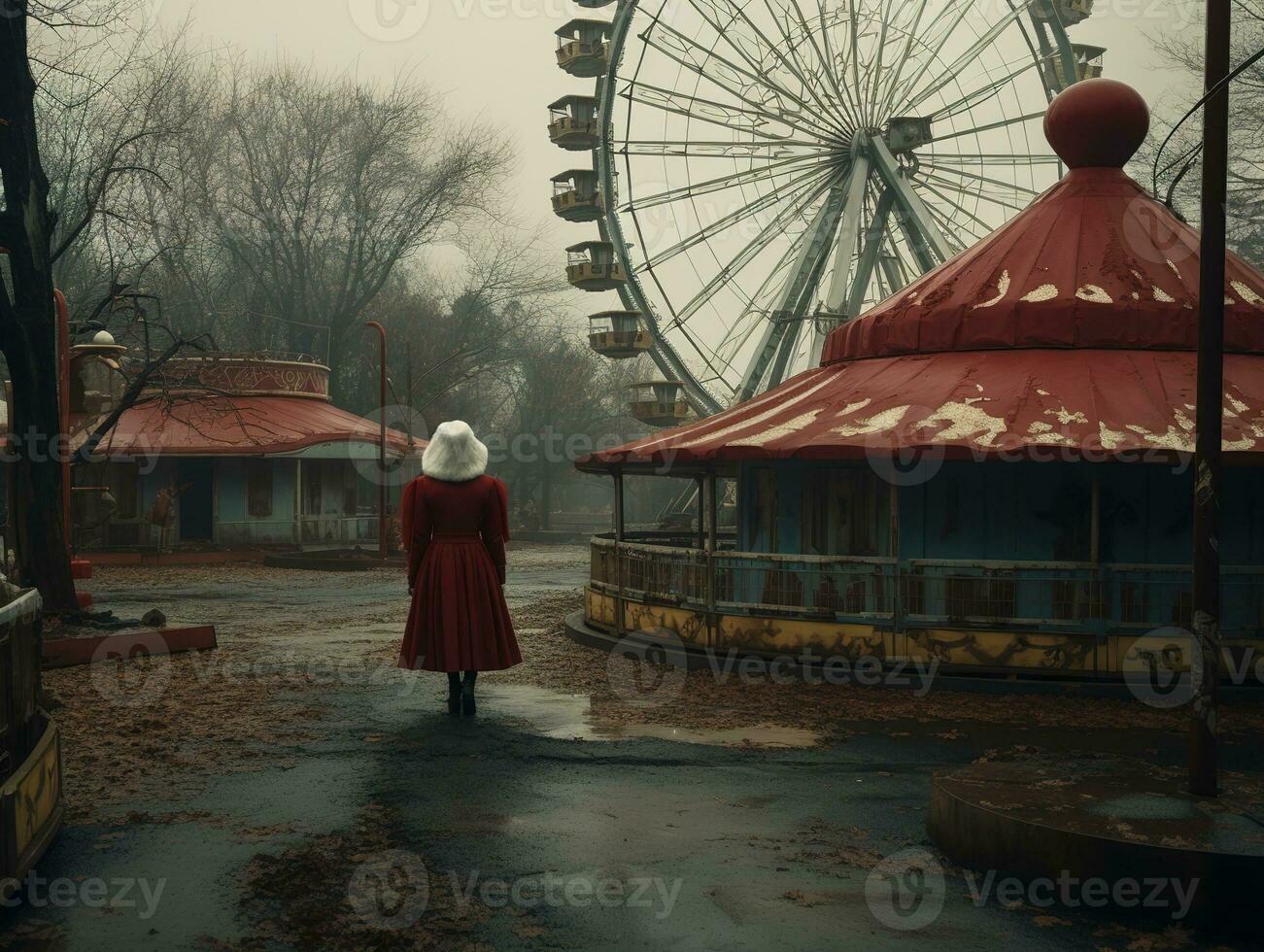 Nighttime abandoned amusement park with sanatorium, ferris wheel, and foggy park. Background concept for Halloween. Generative AI photo