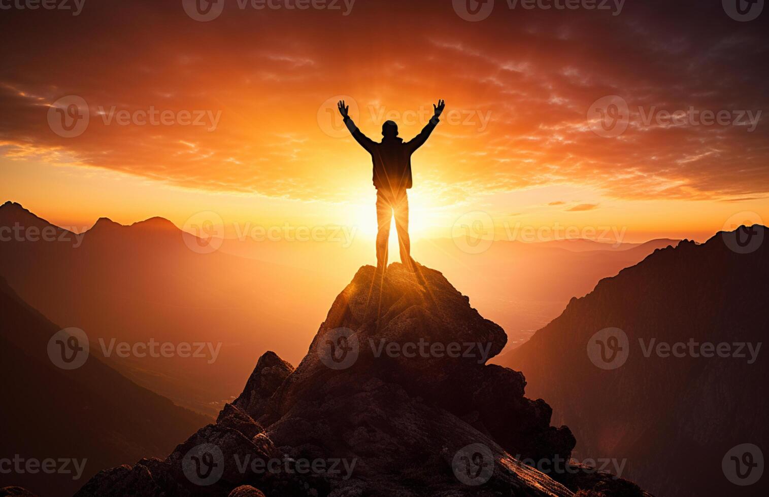 The silhouette of a tourist standing with his arms outstretched the golden glow of the morning sun on the mountaintop. Standing up to achieve success. Generative AI photo