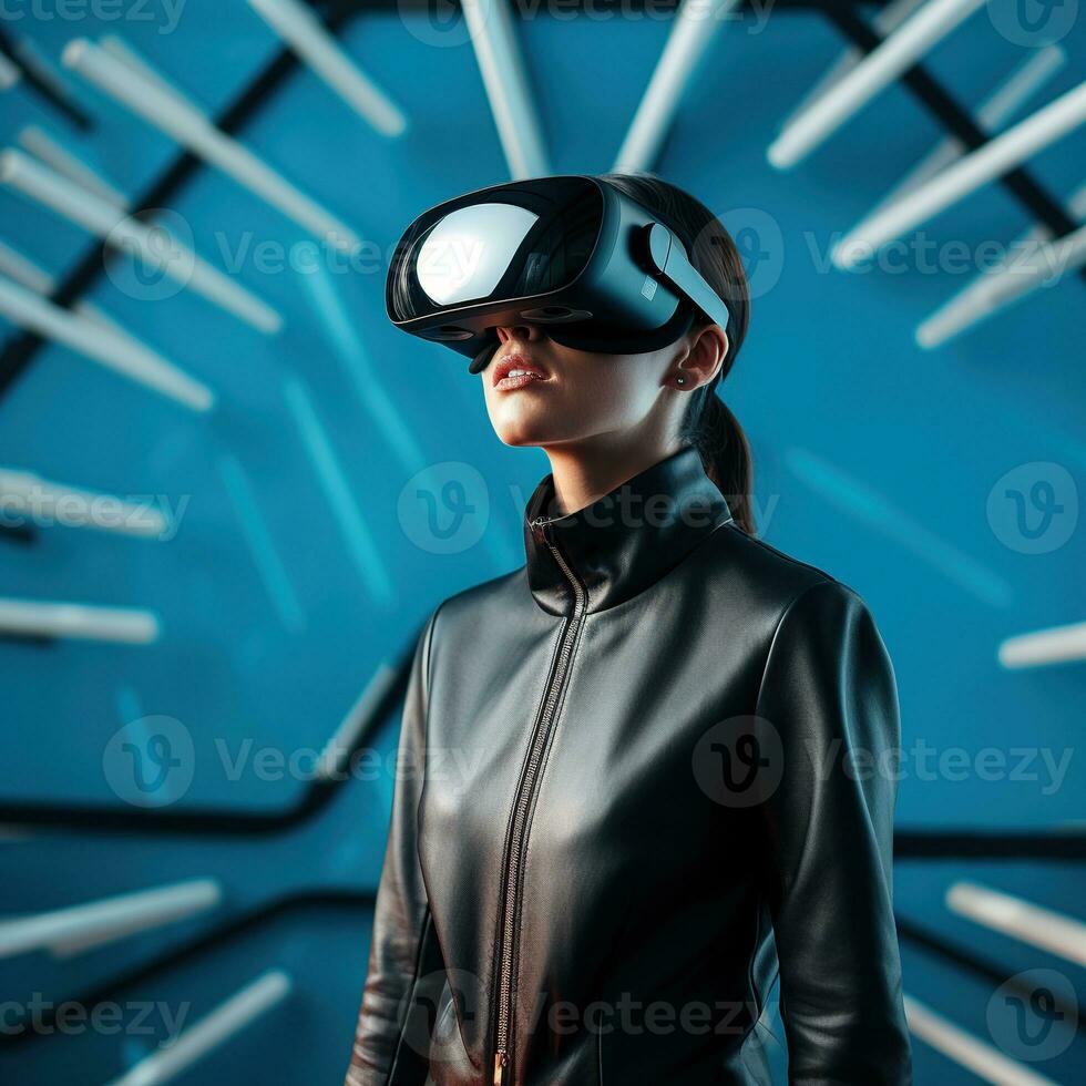 Illustration of a person wearing a virtual reality VR headset, AI Generated. photo