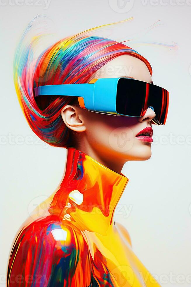 Illustration of a fashion portrait wearing a virtual reality VR headset. AI Generated. photo