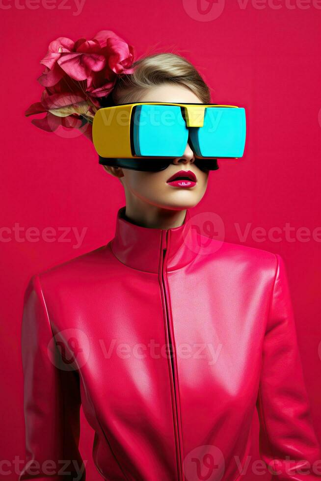 Illustration of a fashion portrait wearing a virtual reality VR headset. AI Generated. photo