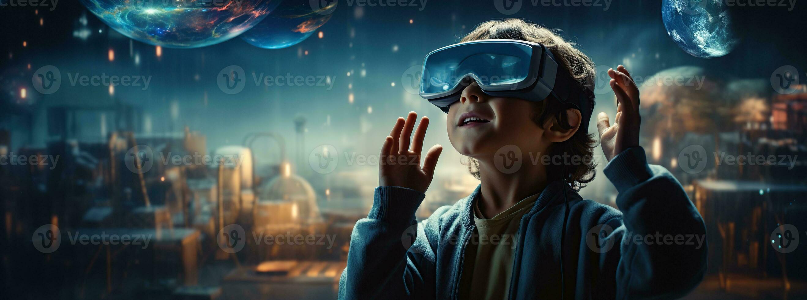 Illustration of a person wearing a virtual reality VR headset, AI Generated. photo